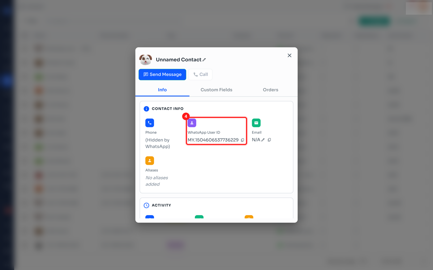 Step 4 — the WhatsApp User ID field, with Phone showing "(Hidden by WhatsApp)"