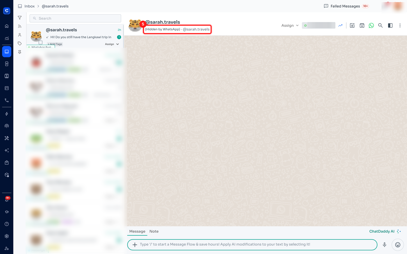 Step 5 — the chat header reads "(Hidden by WhatsApp) · @sarah.travels"