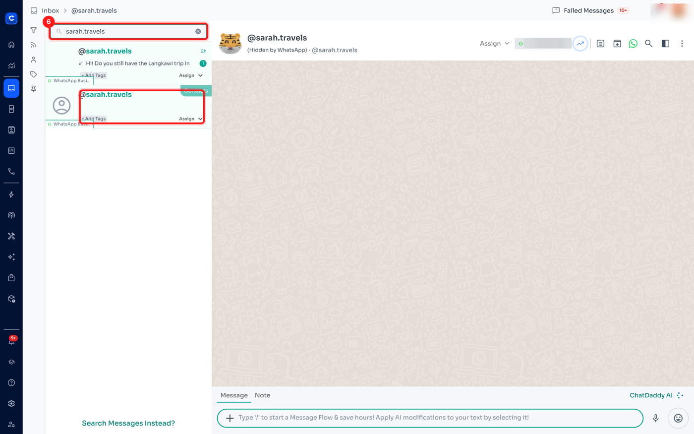 Step 6 — typing the username into Inbox search brings up the matching chat and contact