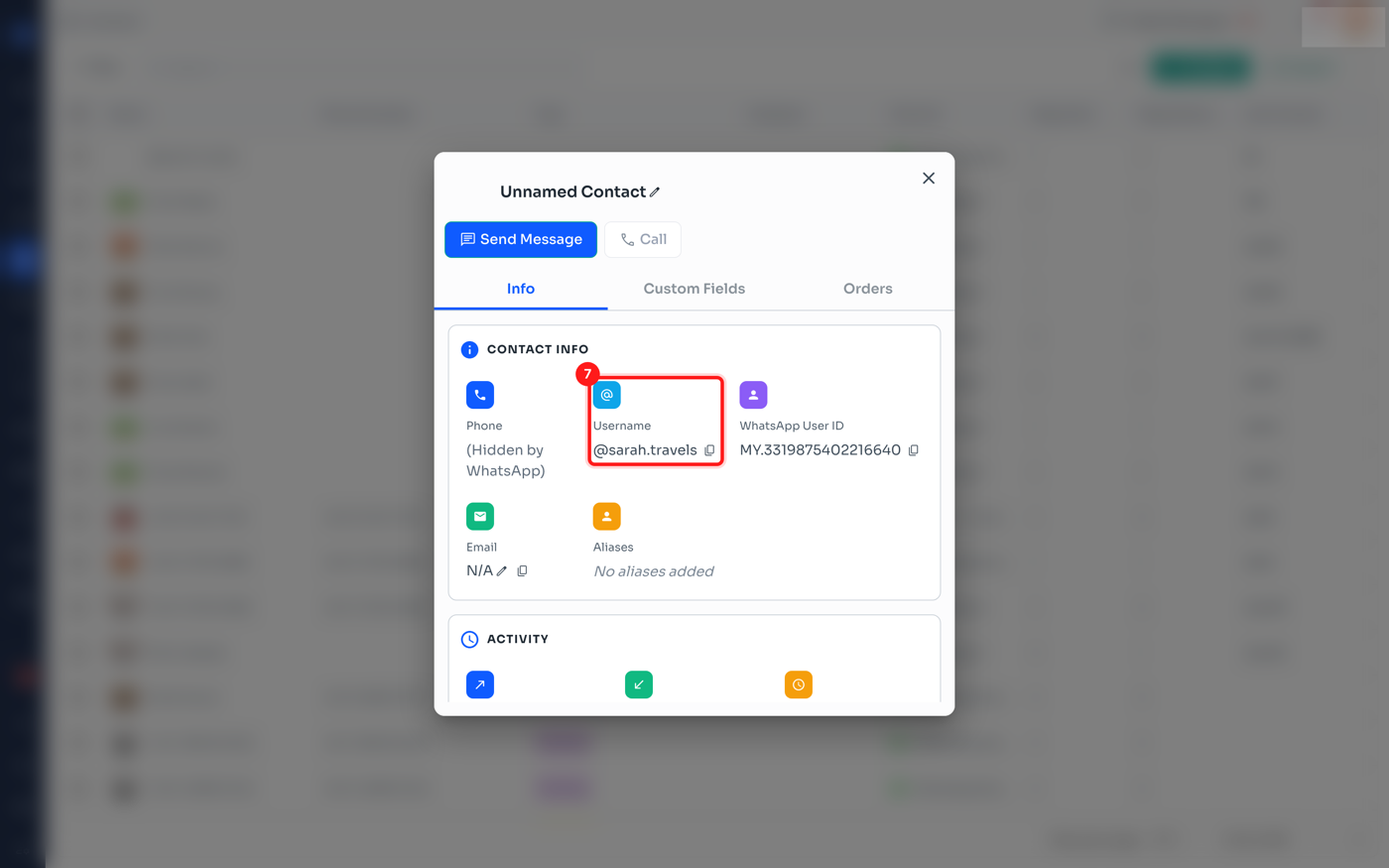 Step 7 — the Username field sits beside the WhatsApp User ID in Contact Info
