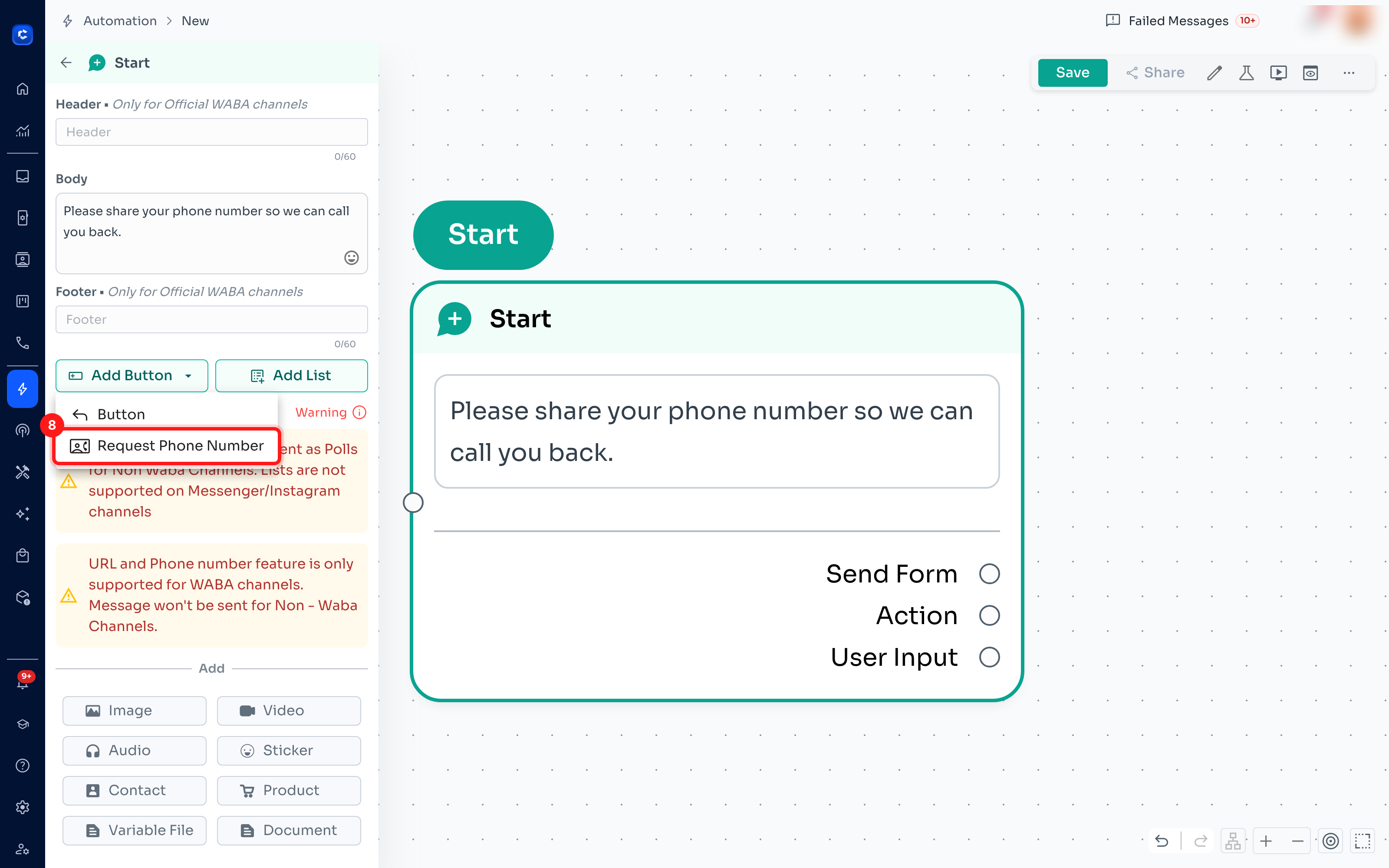 Step 8 — Add Button → Request Phone Number