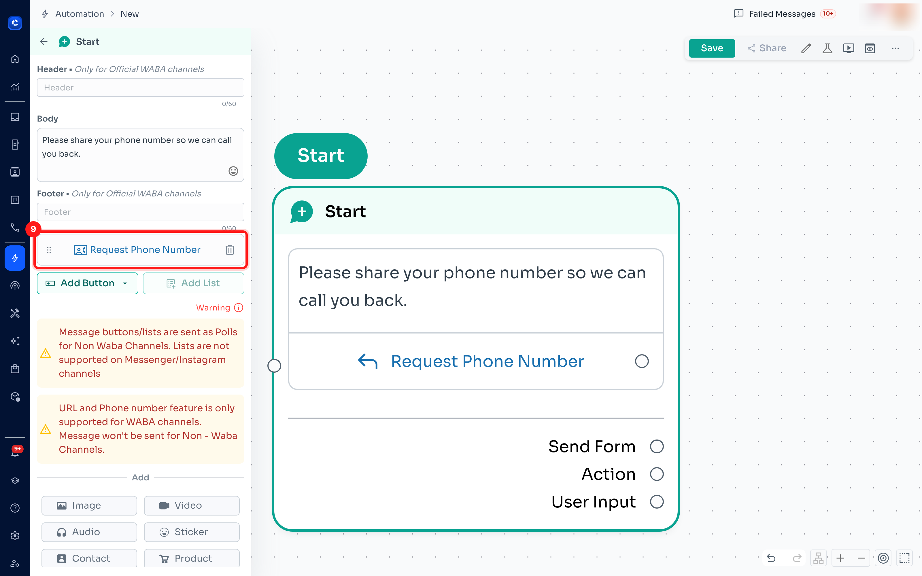 Step 9 — the Request Phone Number button on the message step; the label cannot be edited