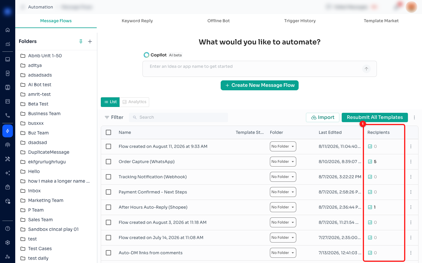 Step 1 — the Recipients column on the Message Flows list (1). Click the count to open the list.