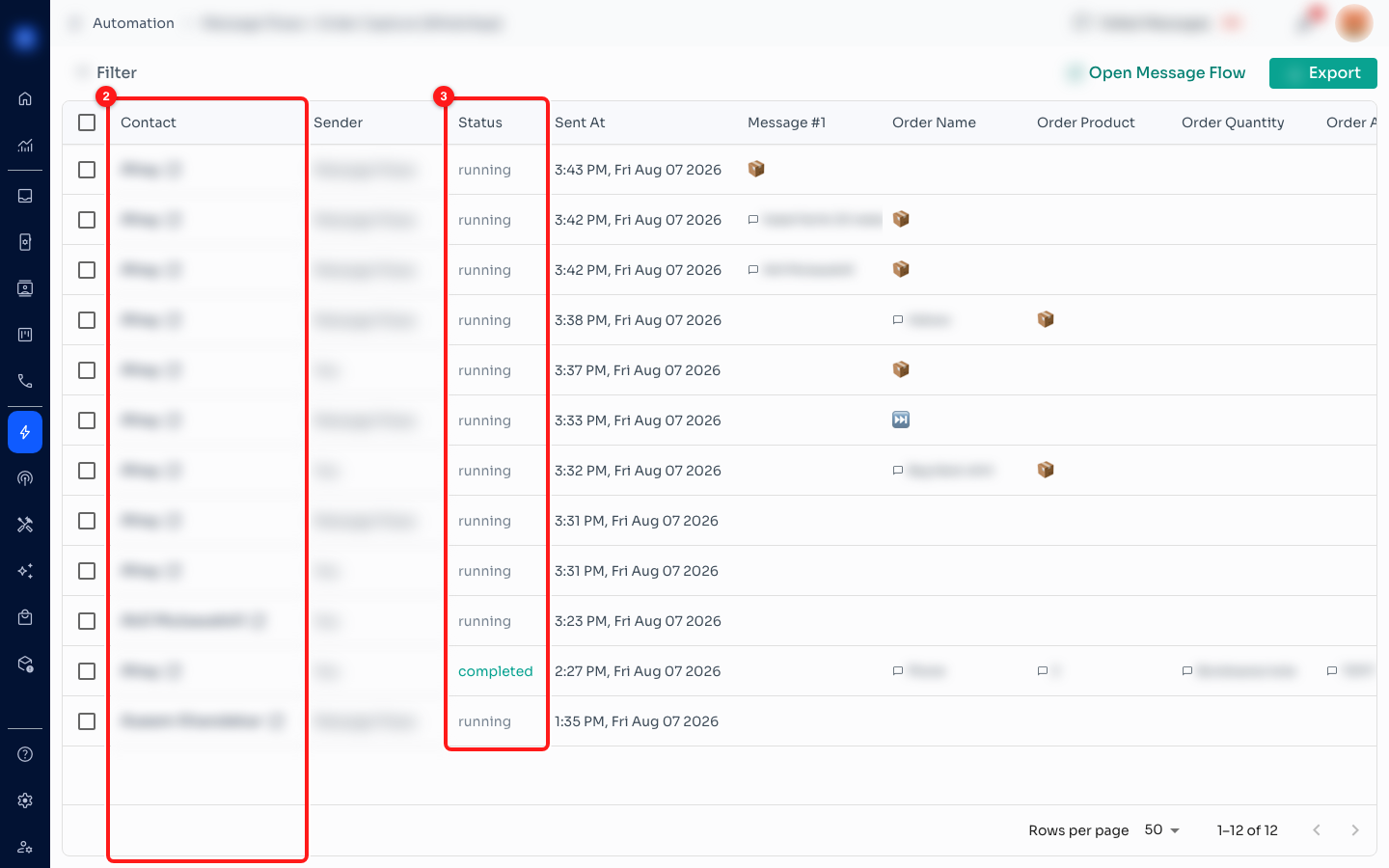 Step 2 — the Contact column (2) and the Status column (3), which tells you whether a flow is still running for that person.
