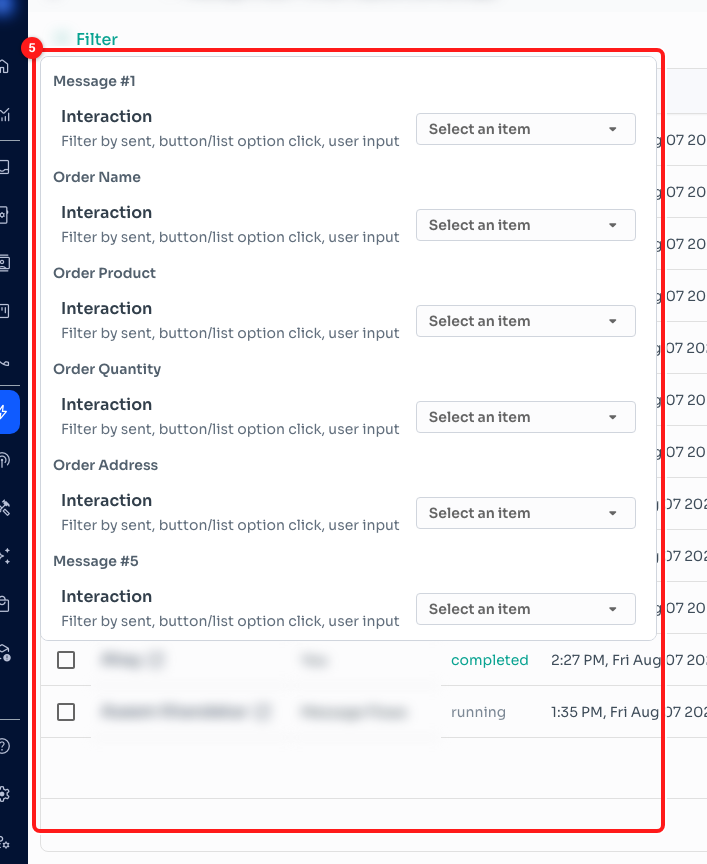 Step 4 — the Filter panel has a section for every step in the flow (5).
