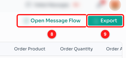 Step 6 — Open Message Flow (8) and Export (9) sit at the top right.