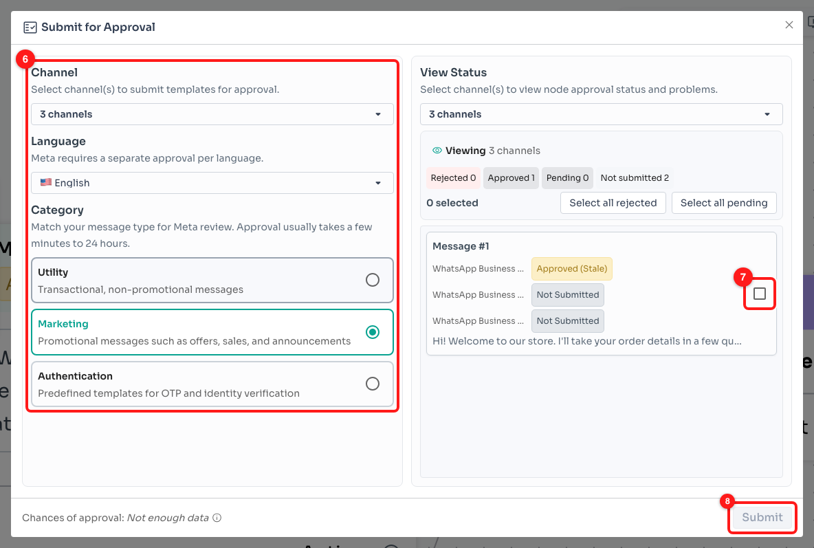 Step 5 — channel, language and category (6), the node tick box in View Status (7), and the Submit button, still disabled here because nothing is ticked (8).