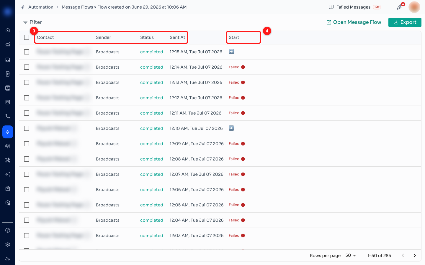 Step 2 — the contact and timing columns (3), then one column per step of the flow (4). Failures show as a red “Failed” with an information icon.