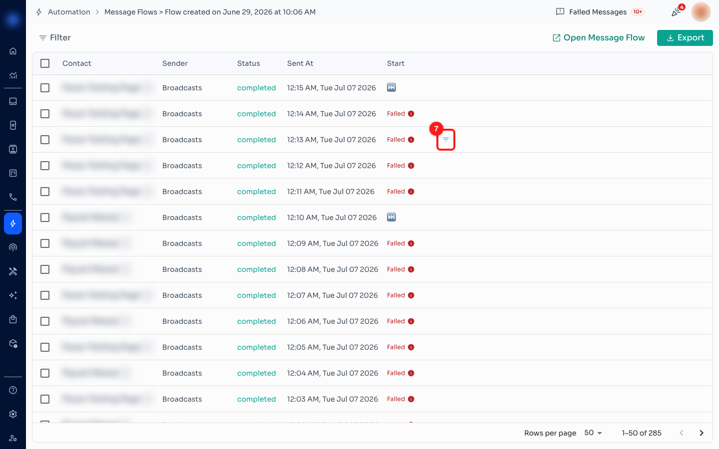 Step 5 — hovering a cell reveals the filter icon (7).