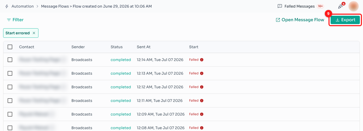 Step 6 — Export (9) downloads the rows currently shown, filter included.