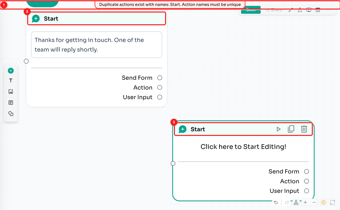 Step 2 — the red bar names the clash (1). Here both the starting step (2) and the second step (3) are called “Start”.