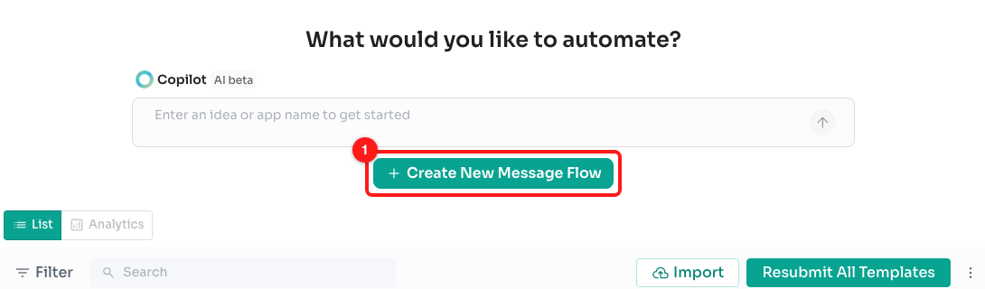 Step 1 — Create New Message Flow on the Message Flows page (1). To edit an existing flow, click its name in the list below instead.