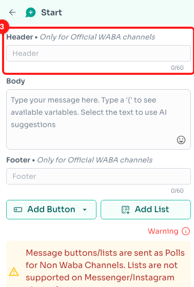 Step 3 — the Header field sits above the Body, with its own character counter (3).
